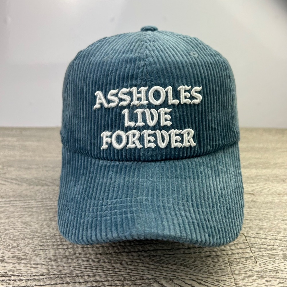 LindaFinegold A**holes Live Forever Corduroy Hat Cap Strap Back Adjustable Blue